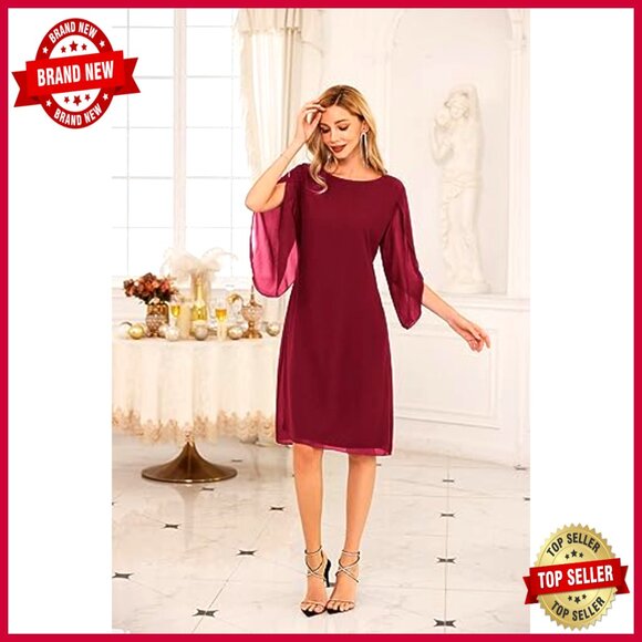 Chiffon Flutter Sleeve Dress Elegant Cocktail Party Wedding Wear Knee Length - Picture 3 of 7